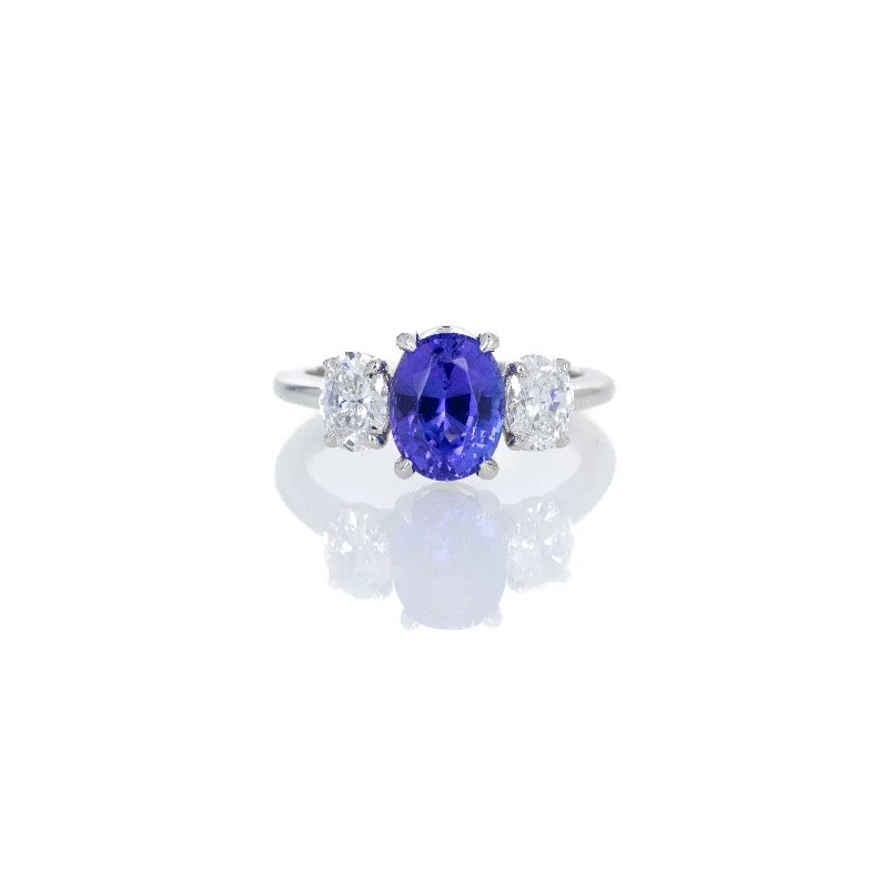 Platinum 2.22 Carat Tanzanite Diamond Oval Three Stone Ring