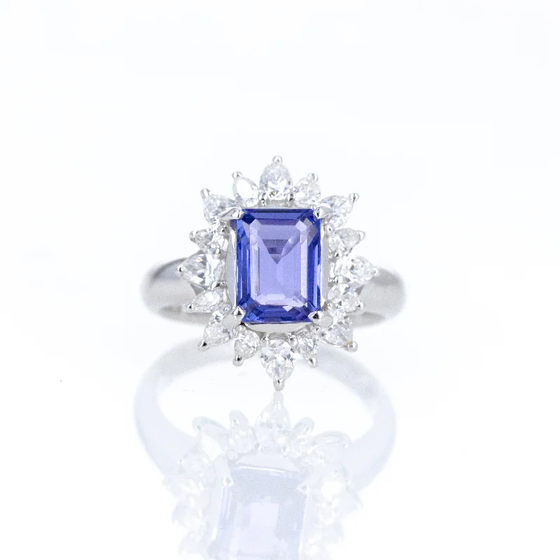 Platinum 2.33 Carat Tanzanite Pear Diamond Halo Ring