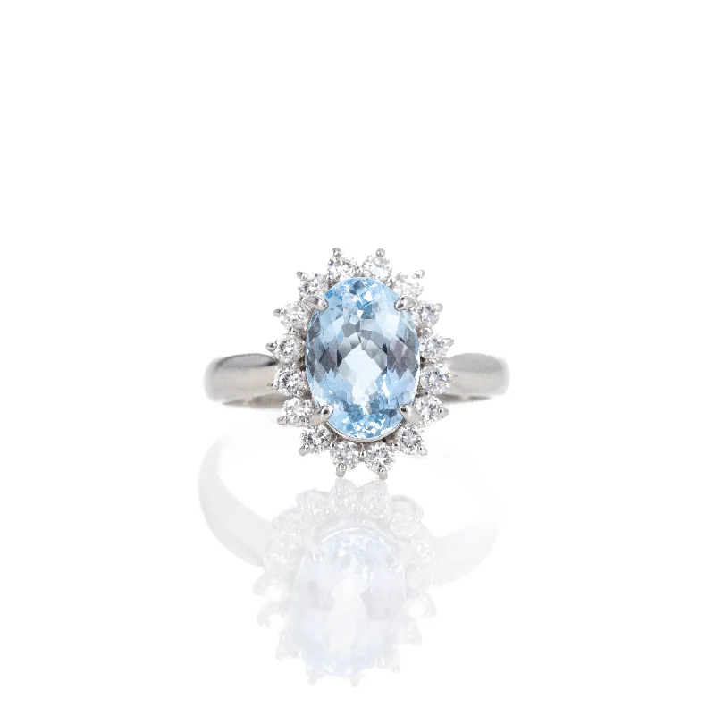 Platinum 2.56 Carat Oval Aquamarine Diamond Halo Ring