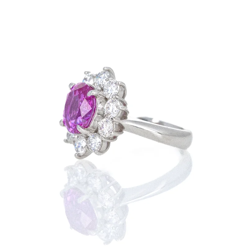 Platinum 3.21 Carat Oval Pink Sapphire Diamond Halo Ring