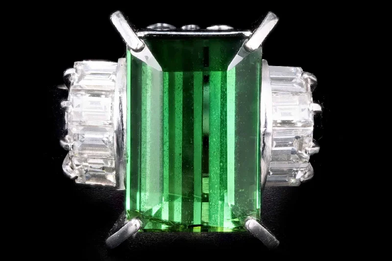 Platinum 5.63 Carat Emerald Cut Green Tourmaline & Baguette Diamond Ring