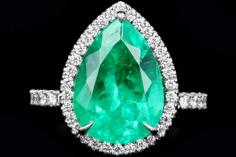 Platinum 5.92 Carat Pear Cut Natural Colombian Emerald & Diamond Halo Ring AGL Certified