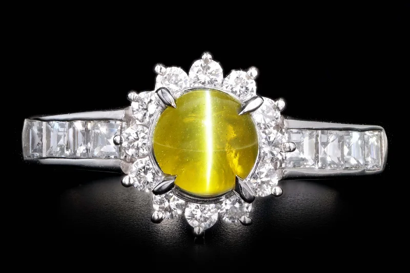 Platinum .91 Carat Cat's Eye Chrysoberyl & Diamond Halo Ring