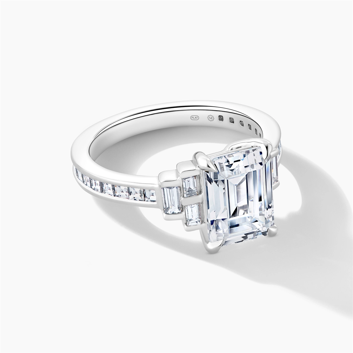 Platinum Diamond Semi-mount Ring, Baguettes and Asschers, Emerald Cut Center