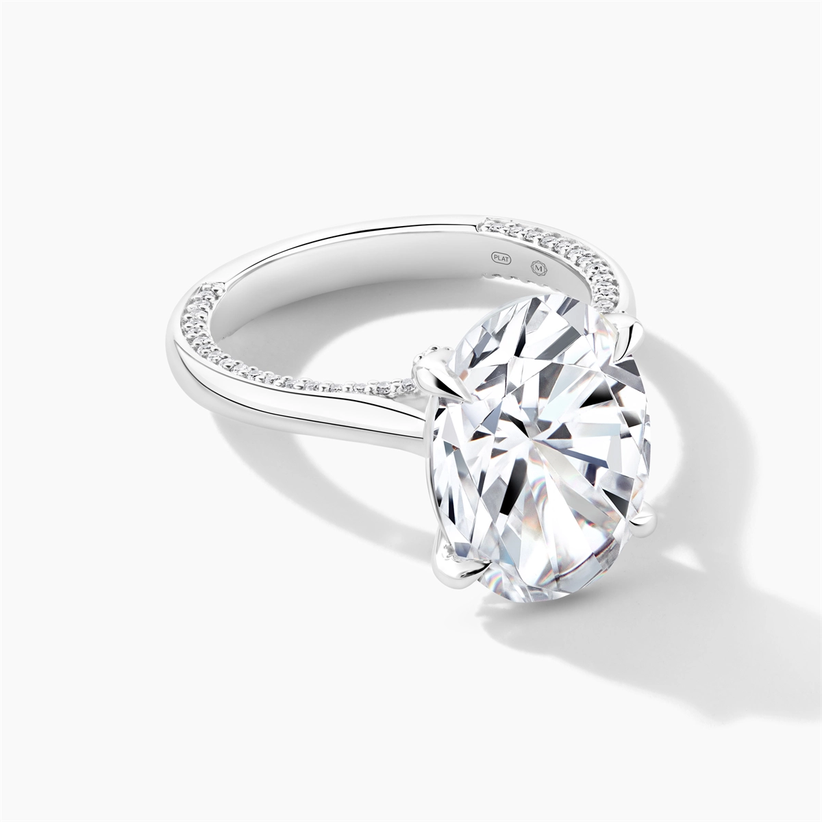 Platinum Diamond Semi-mount Ring, Diamonds on Profile and Head, Oval Cut Center