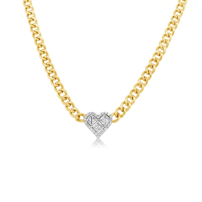 Princess-Cut Diamond Heart Necklace on Cuban Chain