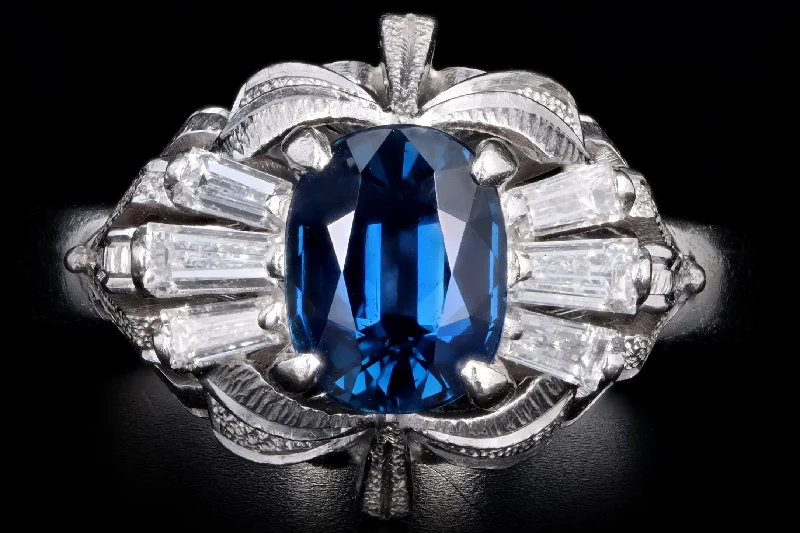 Retro Platinum 1.07 Carat Oval Natural Sapphire & Diamond Fan Ring