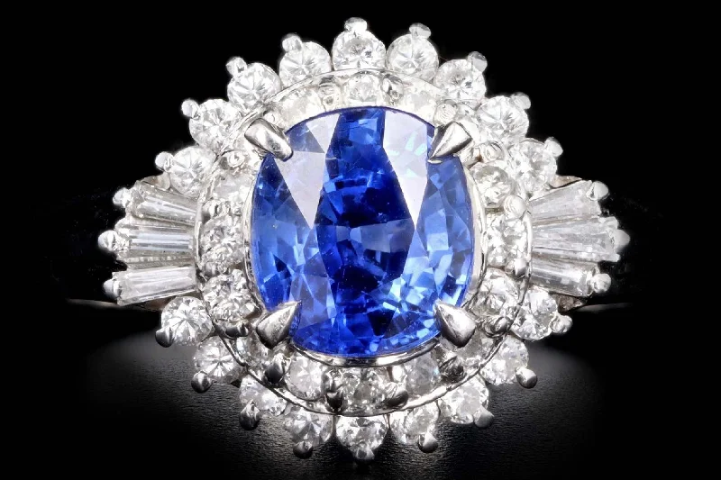 Retro Platinum 1.38 Carat Cushion Cut Natural Sapphire & Diamond Fan Ring