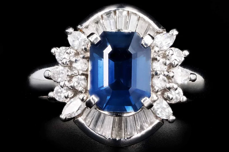 Retro Platinum 1.72 Carat Natural Sapphire & Baguette Diamond Ballerina Ring