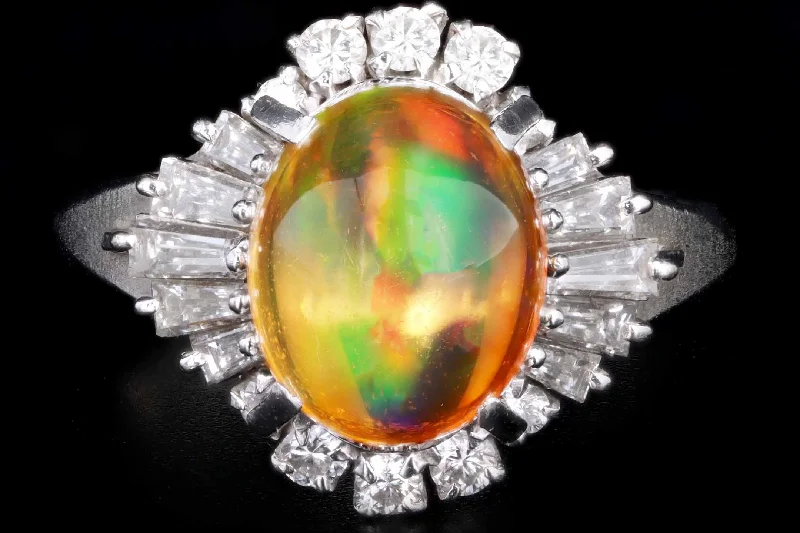 Retro Platinum 2.45 Carat Mexican Fire Opal & Baguette Diamond Ballerina Ring