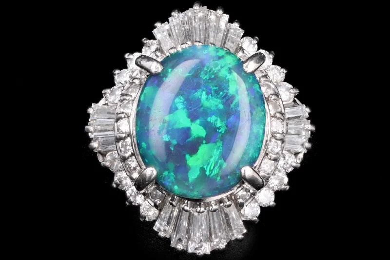 Retro Platinum 4.40 Carat Black Opal & Tapered Baguette Ballerina Ring