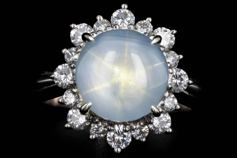 Retro Platinum 8.13 Carat Natural Star Sapphire & Diamond Halo Ring