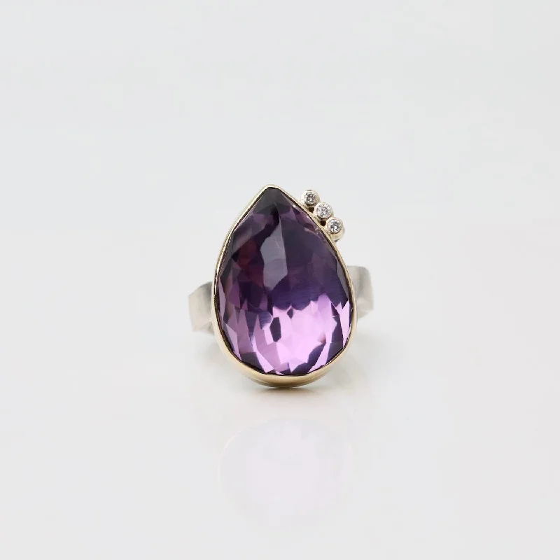 Jamie Joseph Vertical Inverted Teardrop Amethyst & Triple Satellite Diamond Ring