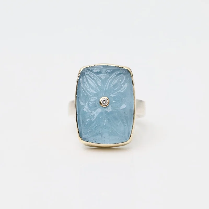 Jamie Joseph Vertical Rectangular Hand Carved Aquamarine & Diamond Ring