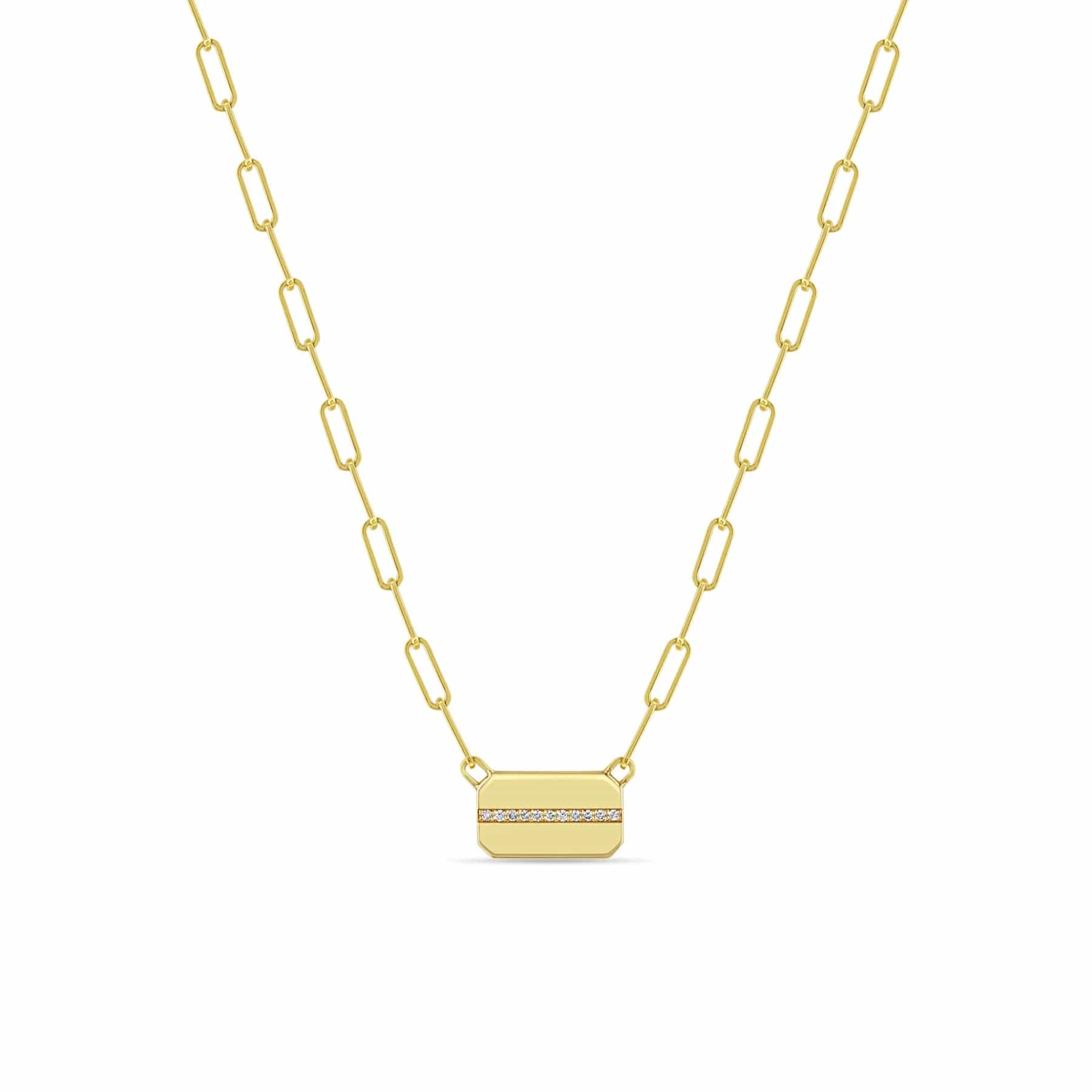 14k Horizontal Pavé Diamond Line Square Edge Dog Tag Necklace