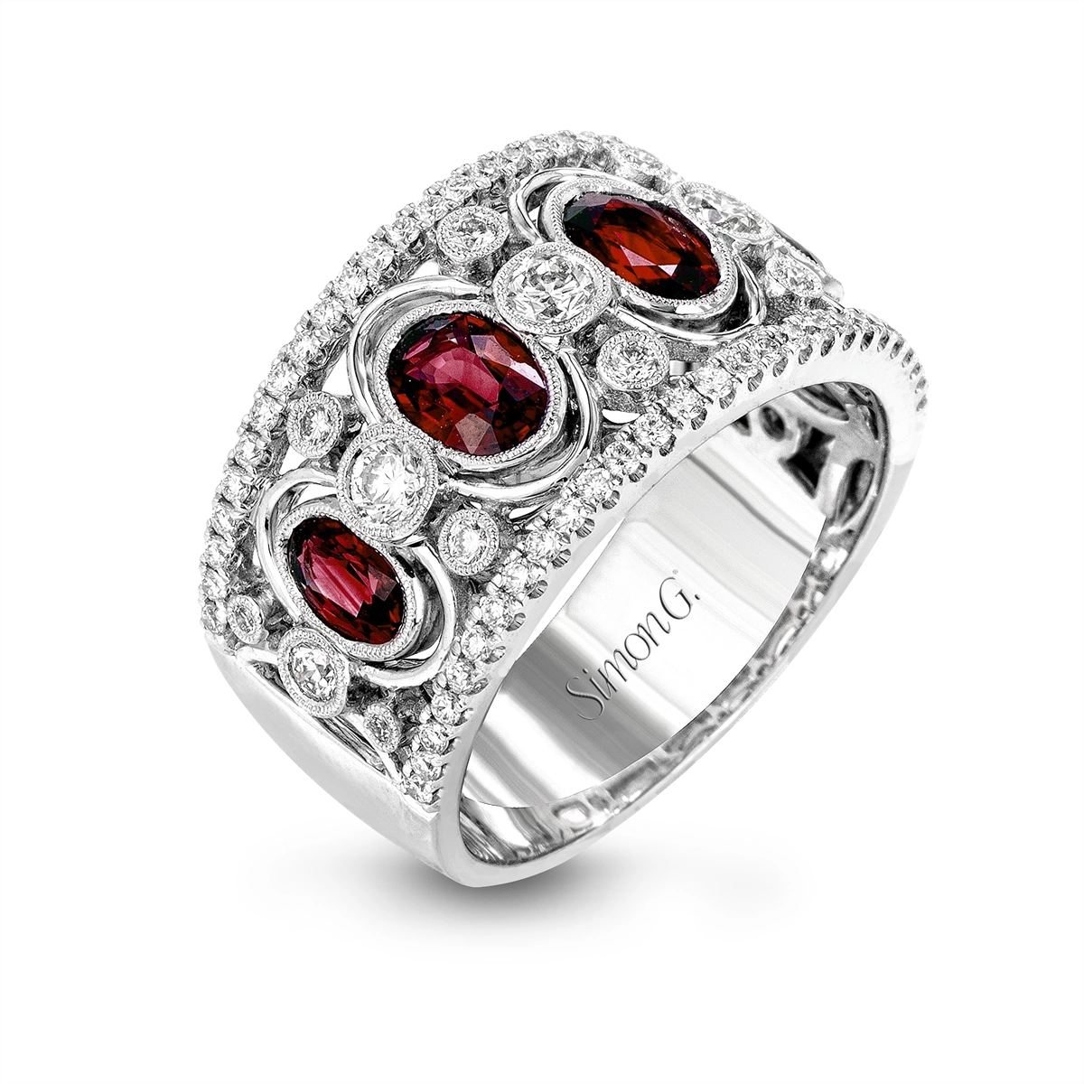 Simon G 18K White Gold Ruby and Diamond Wide Band