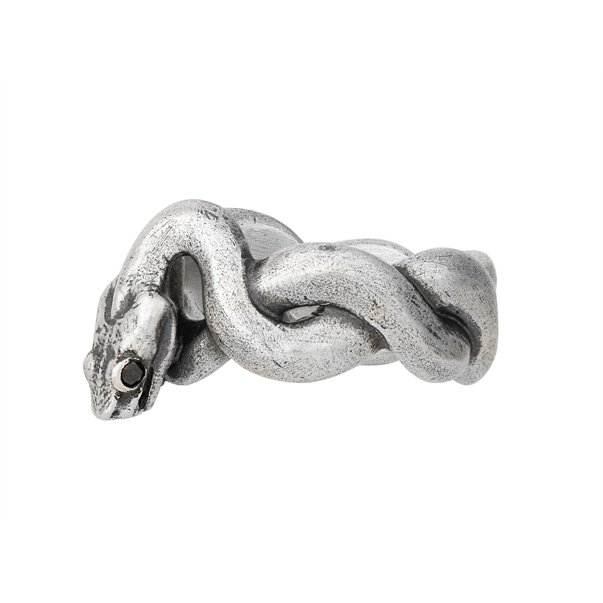 Sterling Silver Snake Ring with Black Diamond Eyes