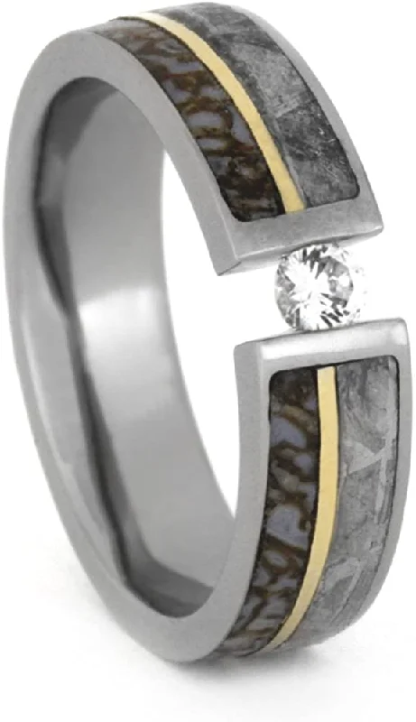 Tension Set Diamond, Gibeon Meteorite, Dinosaur Bone, 14k Yellow Gold 8mm Comfort-Fit Titanium Band, Size 5.5