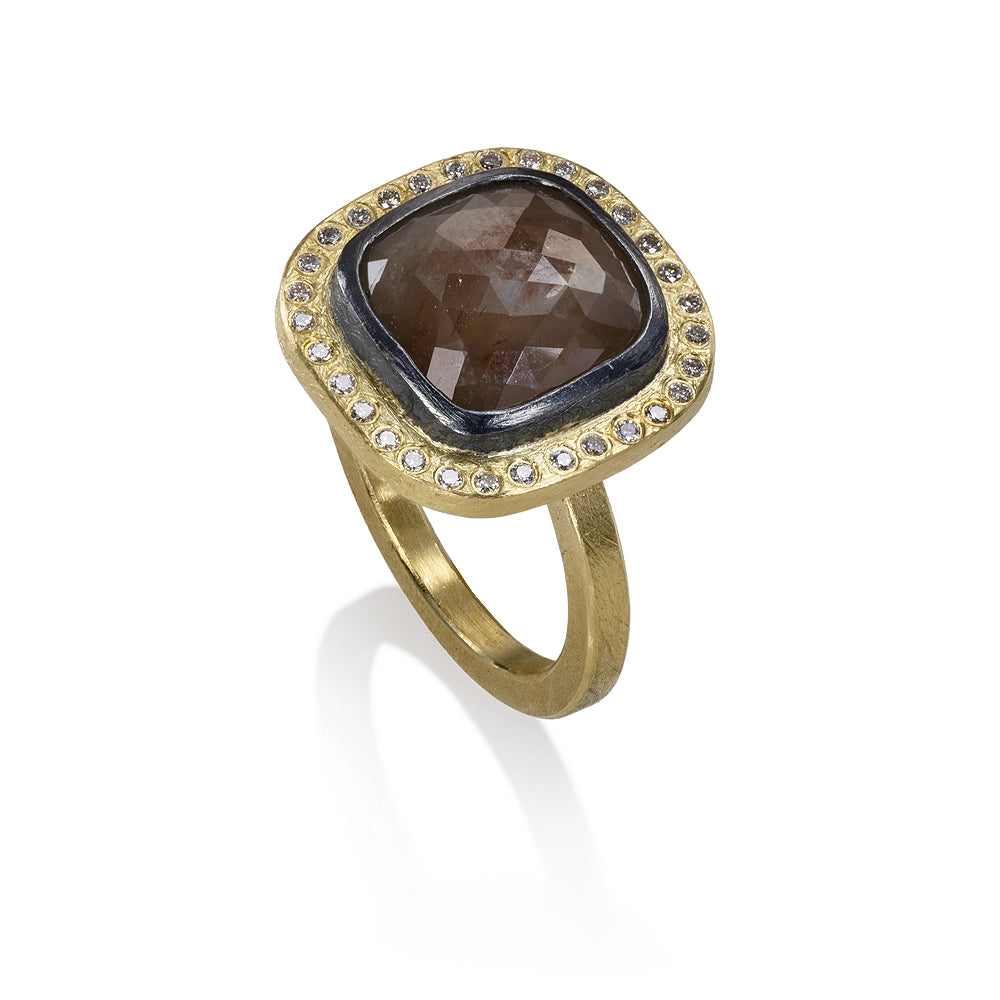 Todd Reed Sterling Silver and 18K Yellow Gold Cushion Diamond Ring, Halo