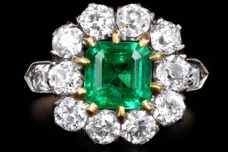 Victorian Inspired 18K Yellow Gold & Platinum 0.77 Carat Natural Emerald & Old European Cut Diamond Halo Cluster Ring