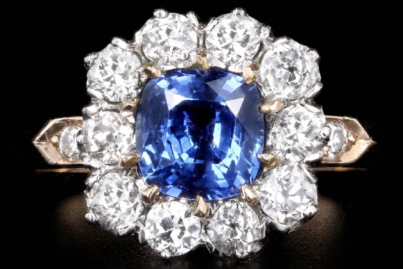 Victorian Inspired 18K Yellow Gold & Platinum 1.0 Carat Cushion Cut Sapphire & Old European CutDiamond Halo Custer Ring