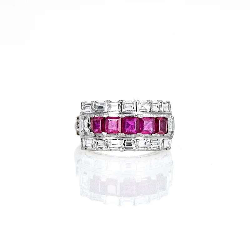 Vintage Platinum Square Natural Ruby Diamond Ring