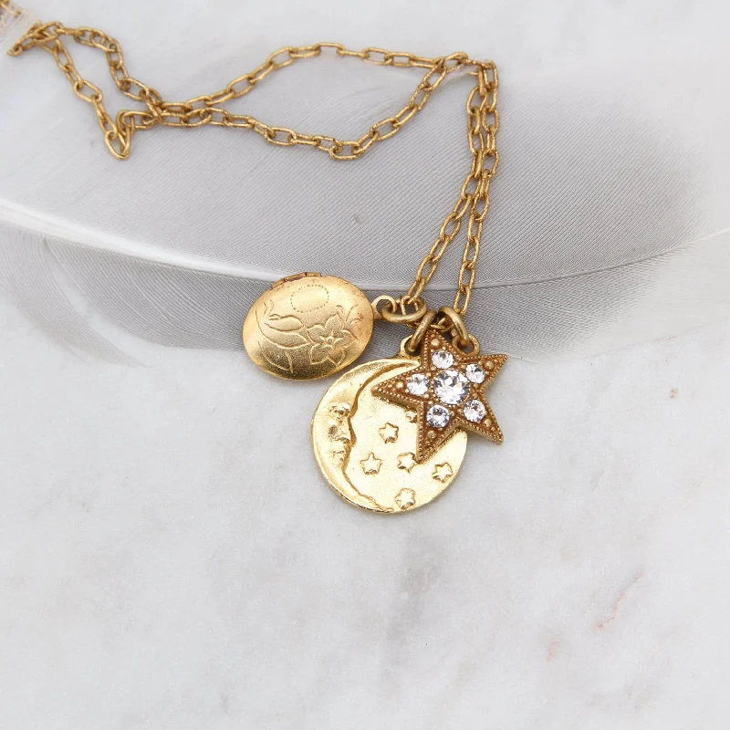 Moon, Star & Locket Charm Necklace - Gold Plate