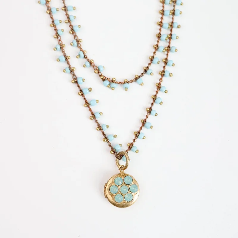 Turquoise Enamel Flower Necklace with Locket Pendant