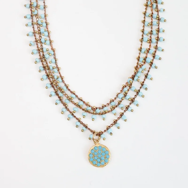 Triple Bead Strand Necklace with Crystal Charm - Sky