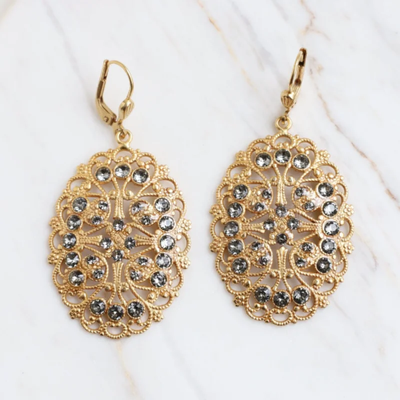 Oval Filigree Drop Earrings - Gold Plated