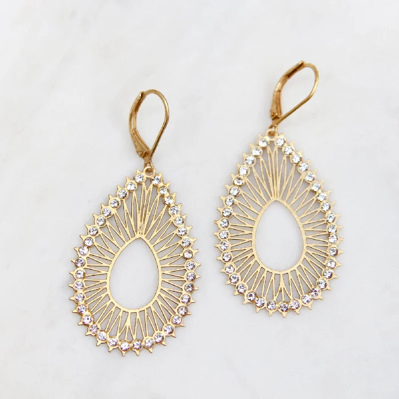 Open Teardrop Earrings with Rays & Clear Crystals