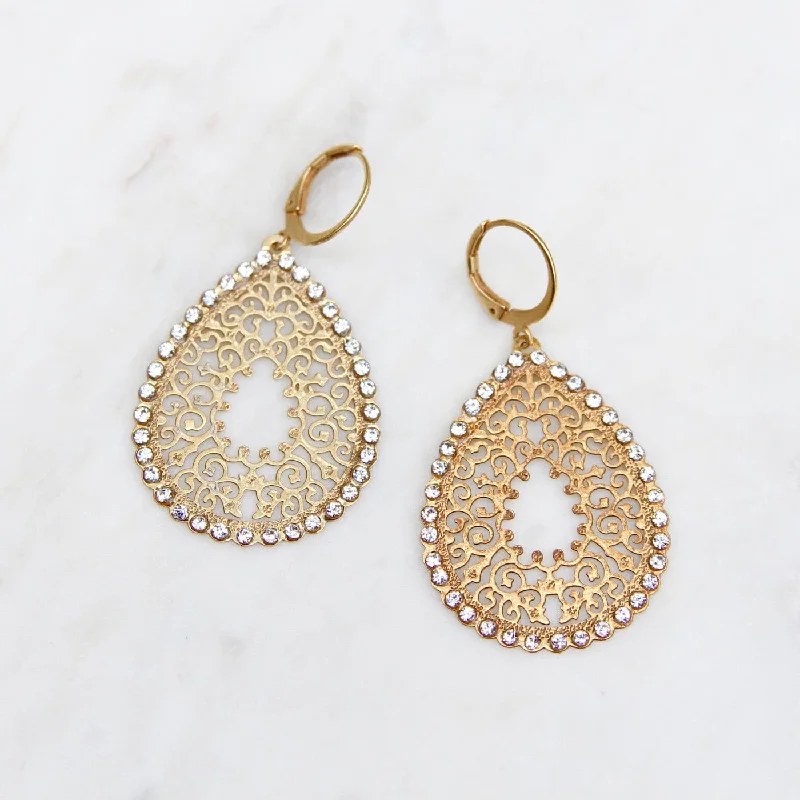 FiligreeTeardrop Earrings with Clear Crystals