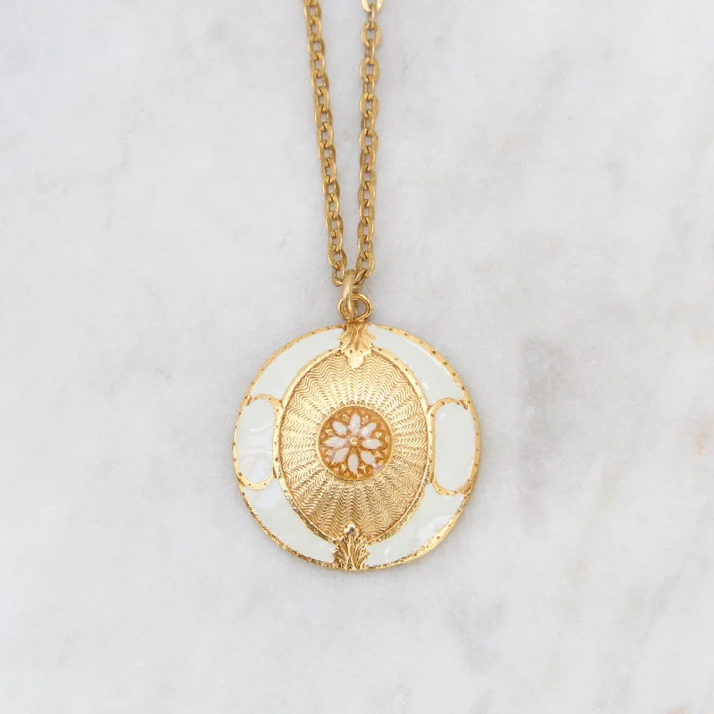 White Enamel Madallion Pendant on Delicate Link Chain