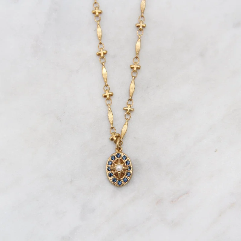 Small Oval Crystal Pendant on Long Link Chain - Gold Plate