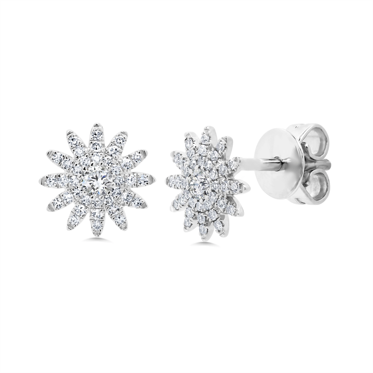 14K White Gold Diamond Starburst Design Stud Earrings