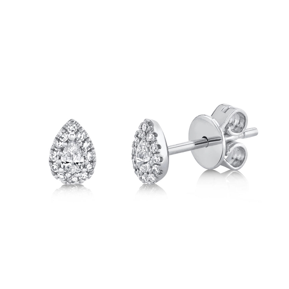 14K White Gold Diamond Stud Earrings, Pear Design