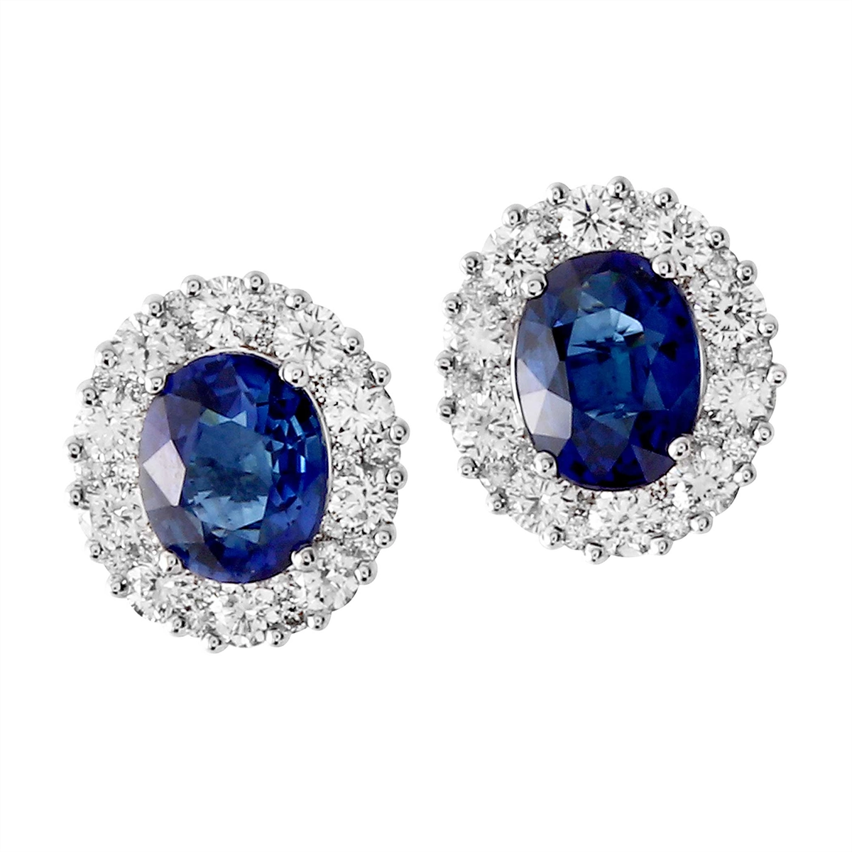 18K White Gold Oval Sapphire Stud Earrings with Diamond Halo