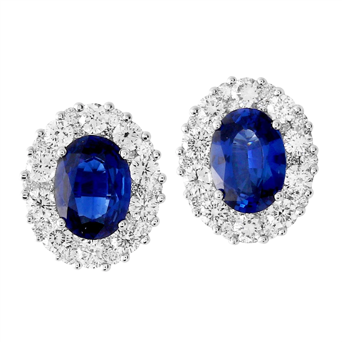 18K White Gold Oval Sapphire Stud Earrings with Diamond Halo