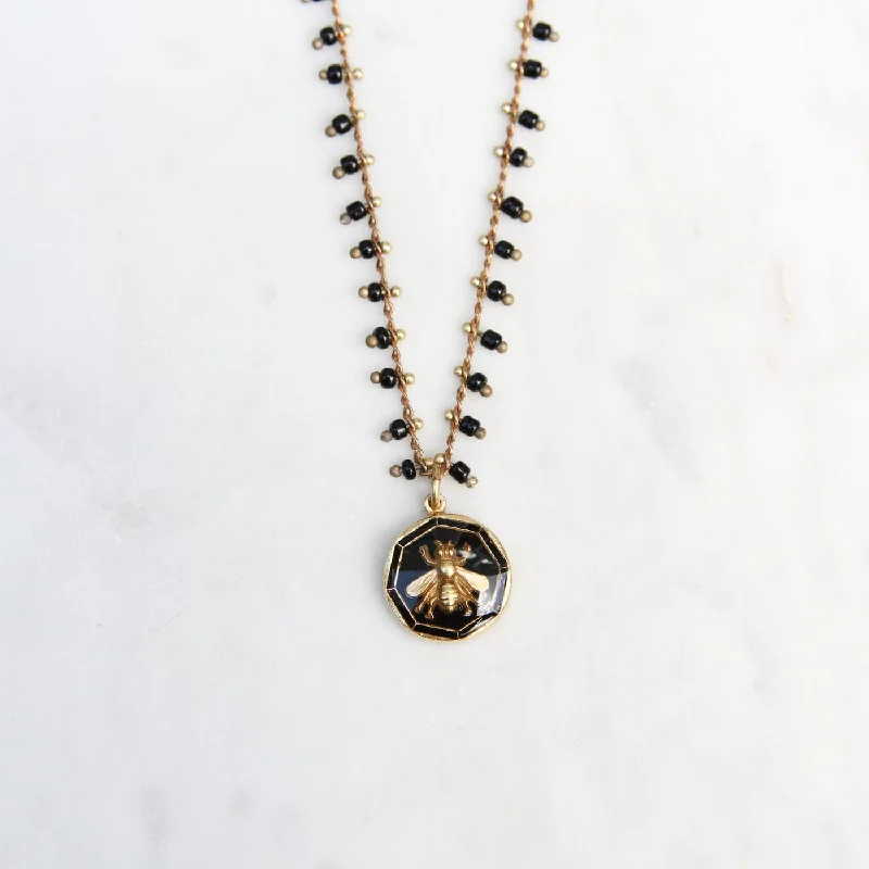 Black Enamel Bee Charm Necklace