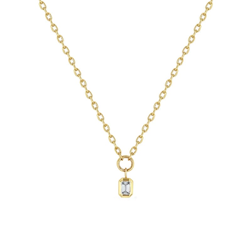 14k Small Square Oval Link Chain With Emerald Cut Diamond Necklace