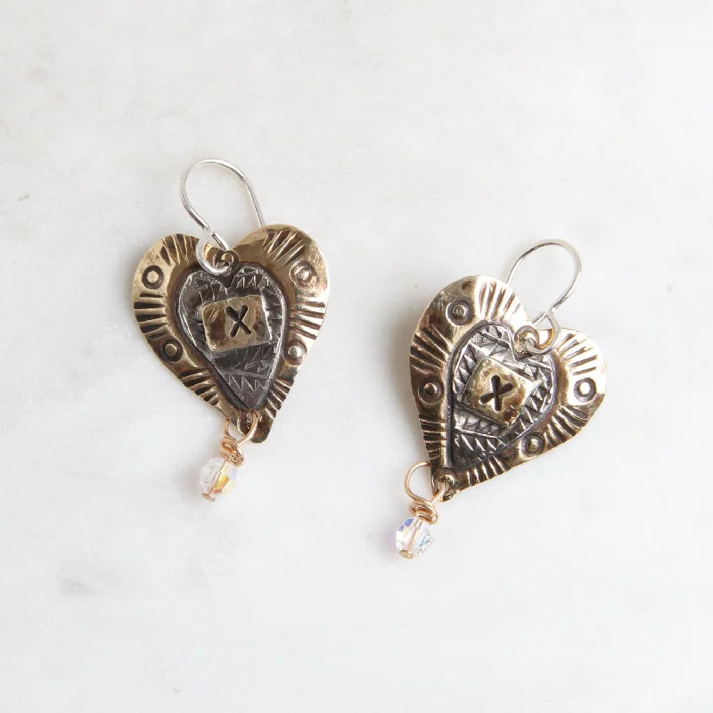 Brass Stamped Heart with Crystal Drop Earrings