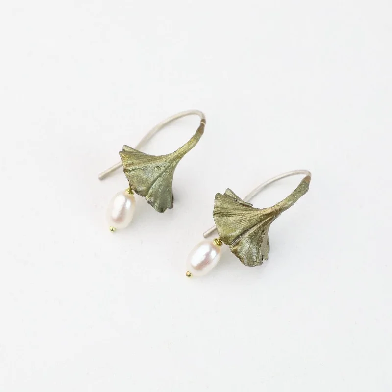 Ginkgo Wire Earrings With Pearl Drop