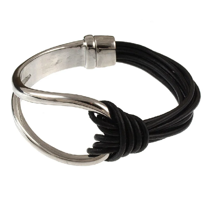 Black Leather and Matte Silver Magnetic Bracelet