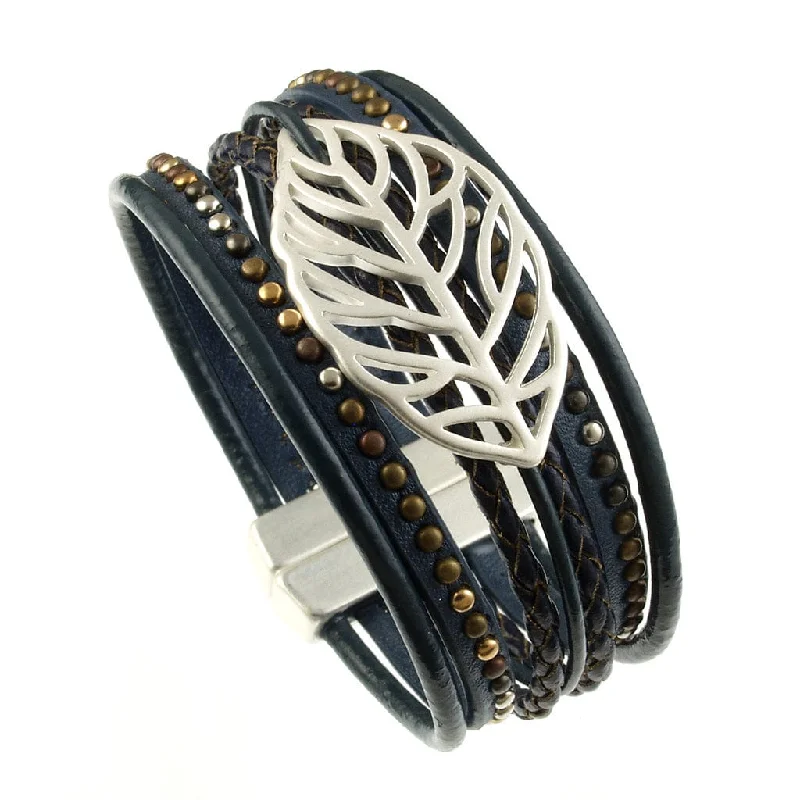 Blue Leather and Silver Leaf Bracelet