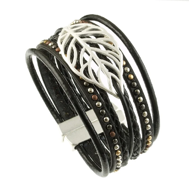 Black Leather and Matte Silver Leaf Bracelet