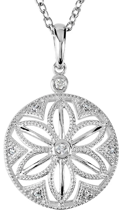 8-Stone Diamond Filigree Round Pendant Necklace, Sterling Silver, 18" (1/6 Ctw)