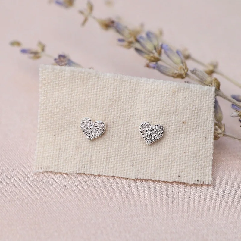 Tiny CZ Pave Heart Studs - Sterling Silver