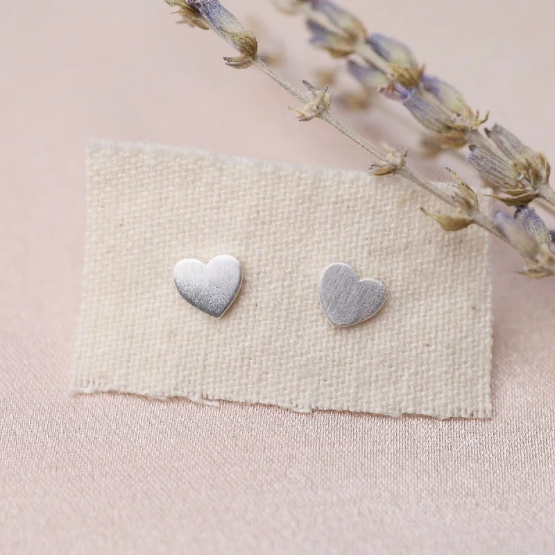 Little Flat Heart Stud Earrings - Brushed Sterling Silver