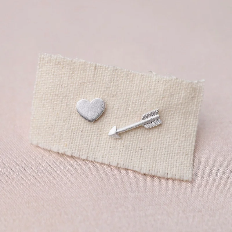 Brushed Sterling Silver Flat Heart & Arrow Mixed Stud Earrings