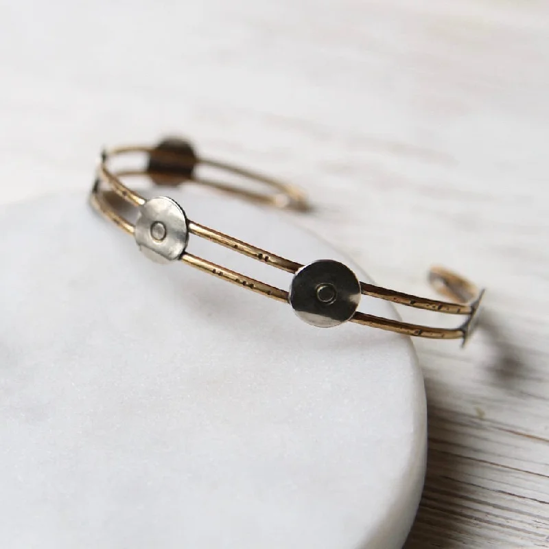 Double Brass Wire Cuff with 5 Sterling Silver Disk